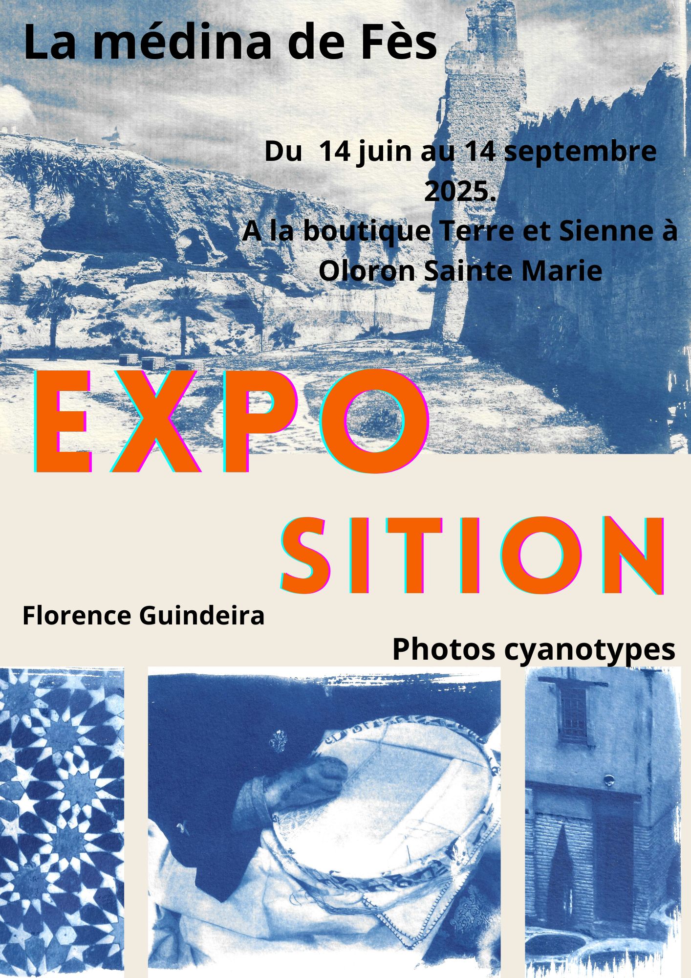 Après avoir pris mes clichés lors d'un séjour dans la Médina de Fes, je vous propose de découvrir mes cyanotypes réalisés à partir de ces photos. L'artisanat et les artisants y sont mis à l'honneur. Venez decouvrir la plus vieille Médina du Maroc à la boutique Terre et Sienne d'Oloron Sainte Marie, lieu unique dédié à l'artisanat lui aussi. Si vous souhaitez venir au vernissage de cette exposition le samedi 14 juin 2025, contactez moi en messagerie privé ou par mail. Florence.guindeira@gmail.com.